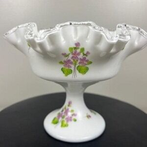 Fenton Milk Glass Violets in the Snow Ruffled Silver Crest Pedestal Compote Bowl